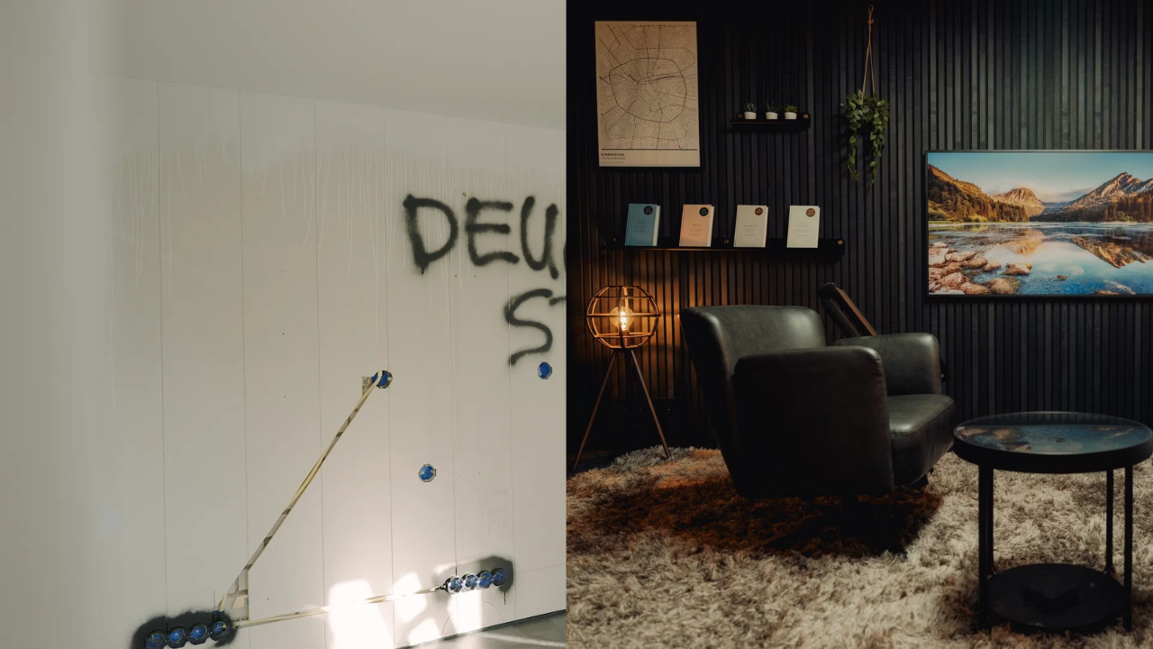 Image fractionnée : à gauche, un mur blanc avec des câbles apparents et des graffitis ; à droite, une chambre moderne avec une décoration nordique et un fauteuil accueillant.